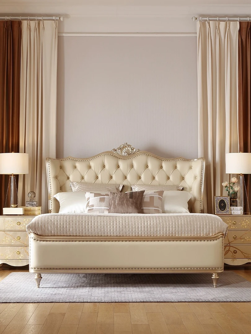 ｛高端推荐｝香槟金贴箔实木主卧大床