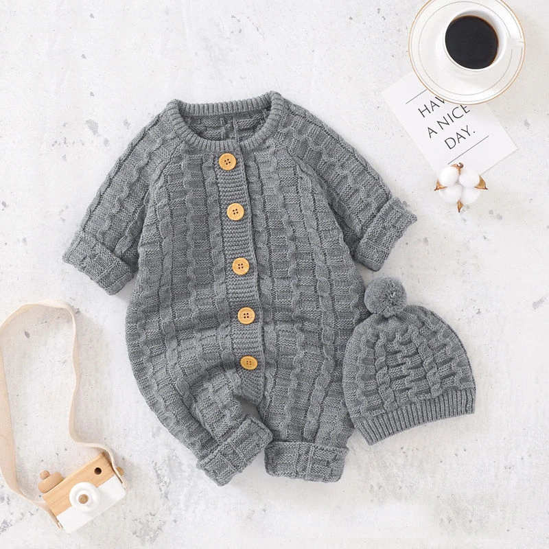 婴儿连体衣服毛线针织开衫加厚秋冬装小童男女宝宝打底毛衣爬爬服