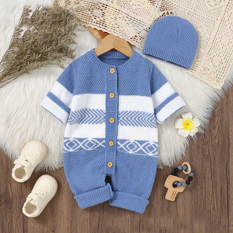 婴儿连体衣手工针织毛衣保暖男宝宝爬爬服春秋冬打底毛线开衫衣服