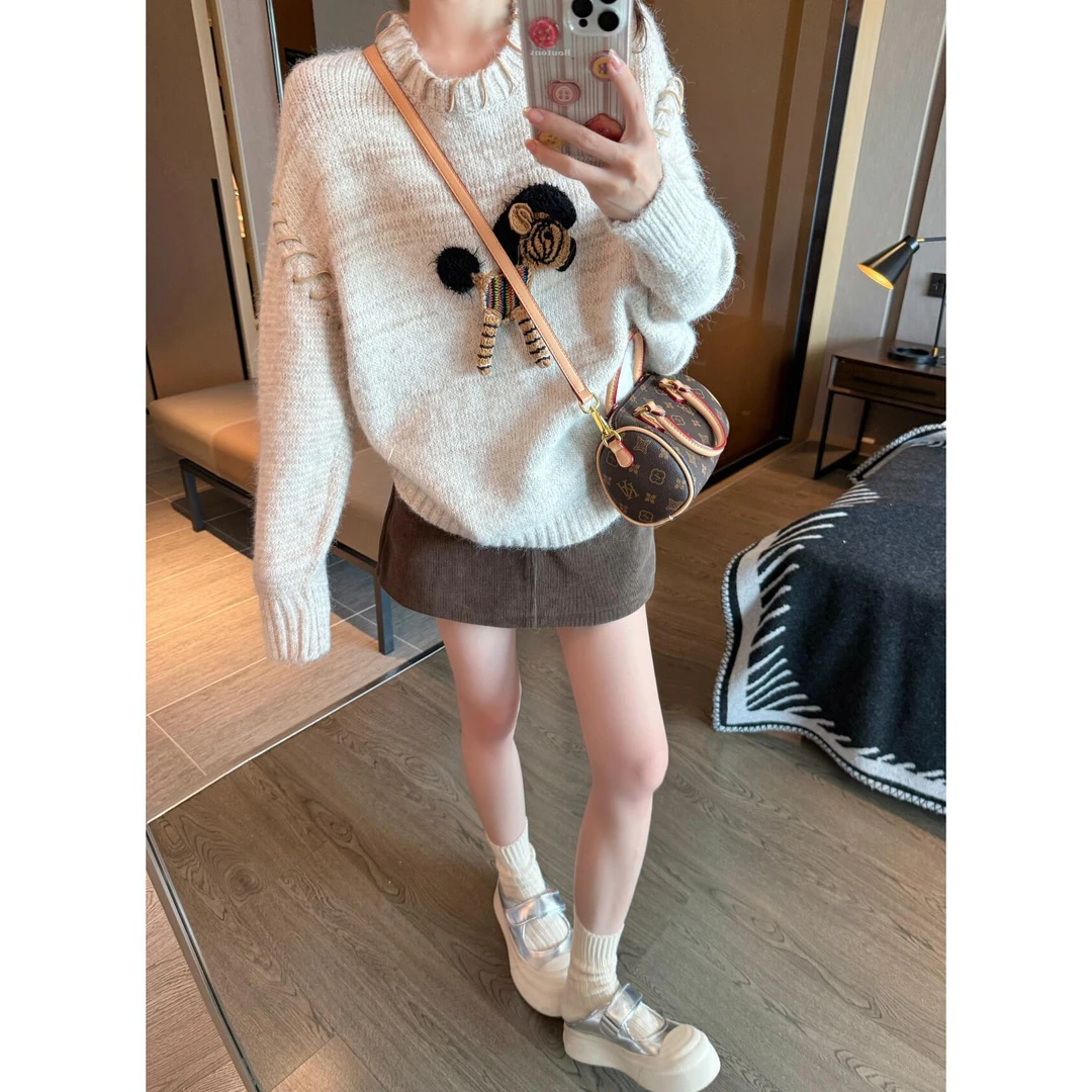 入秋一整套女装2024新款韩版套头印花宽松针织毛衣显瘦短裙两件套