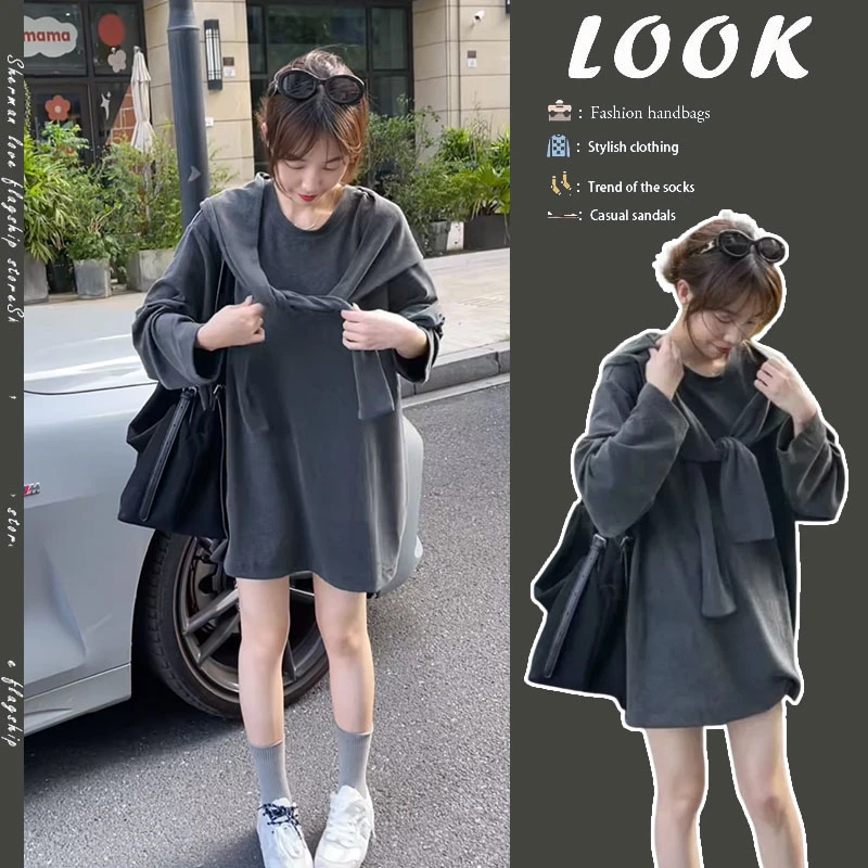 早秋穿搭一整套女2024新款韩版披肩中长款T恤上衣牛仔短裤两件套