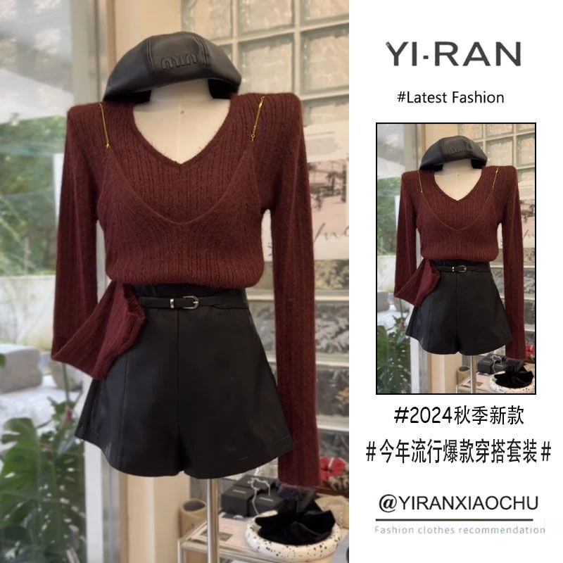 今年流行安可拉红穿搭套装2024新款假两件针织上衣百搭短裤两件套