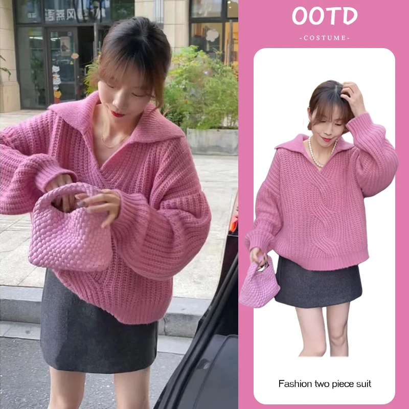 2024秋冬季新款一整套穿搭女设计感翻领针织毛衣高腰短裙两件套装