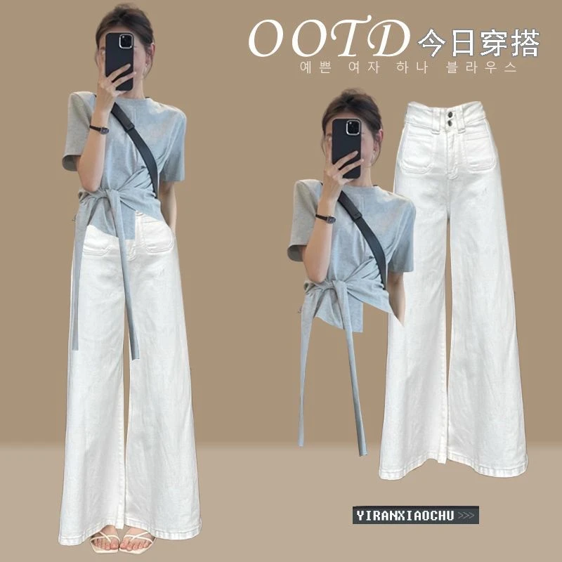 夏季套装女2024新款时尚设计绑带休闲上衣百搭牛仔阔腿裤两件套潮