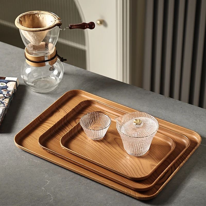 【托盘五件套】托盘长方形托盘木纹风松弛感水杯塑料盘餐盘中式茶盘