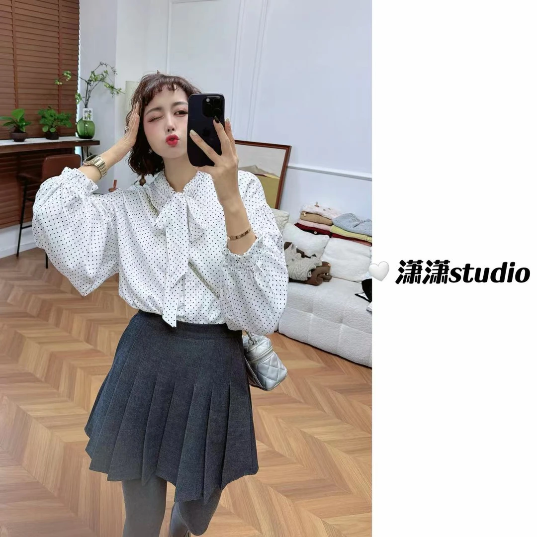 【约会必备】潇潇自制韩剧女主风格大蝴蝶结泡泡袖百搭衬衣XS2227