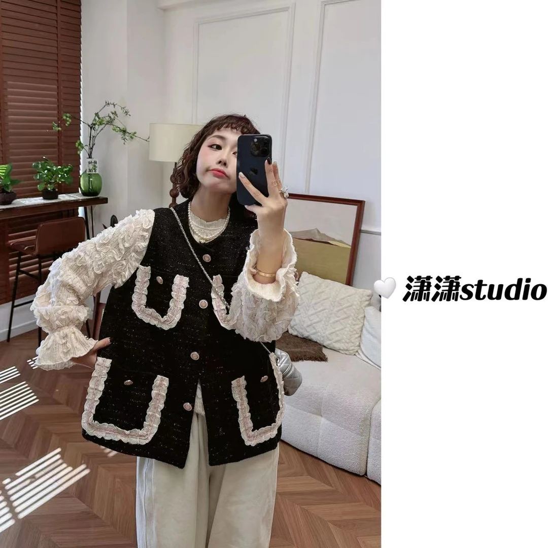 【粉嫩小香】潇潇自制定制蕾丝边设计小香风面料百搭马甲XS2229