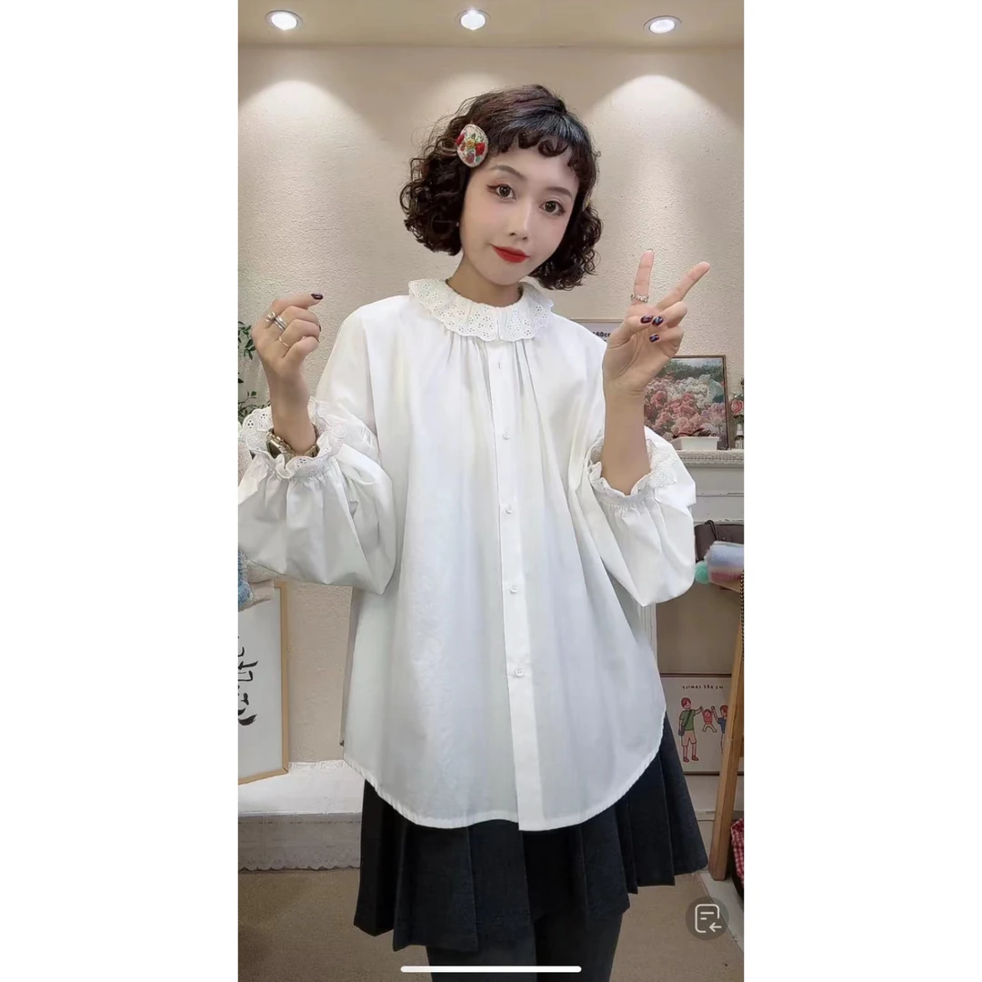 【宫廷衬衣】韩系甜美风蕾丝花边设计小翻领百搭衬衣xs1976