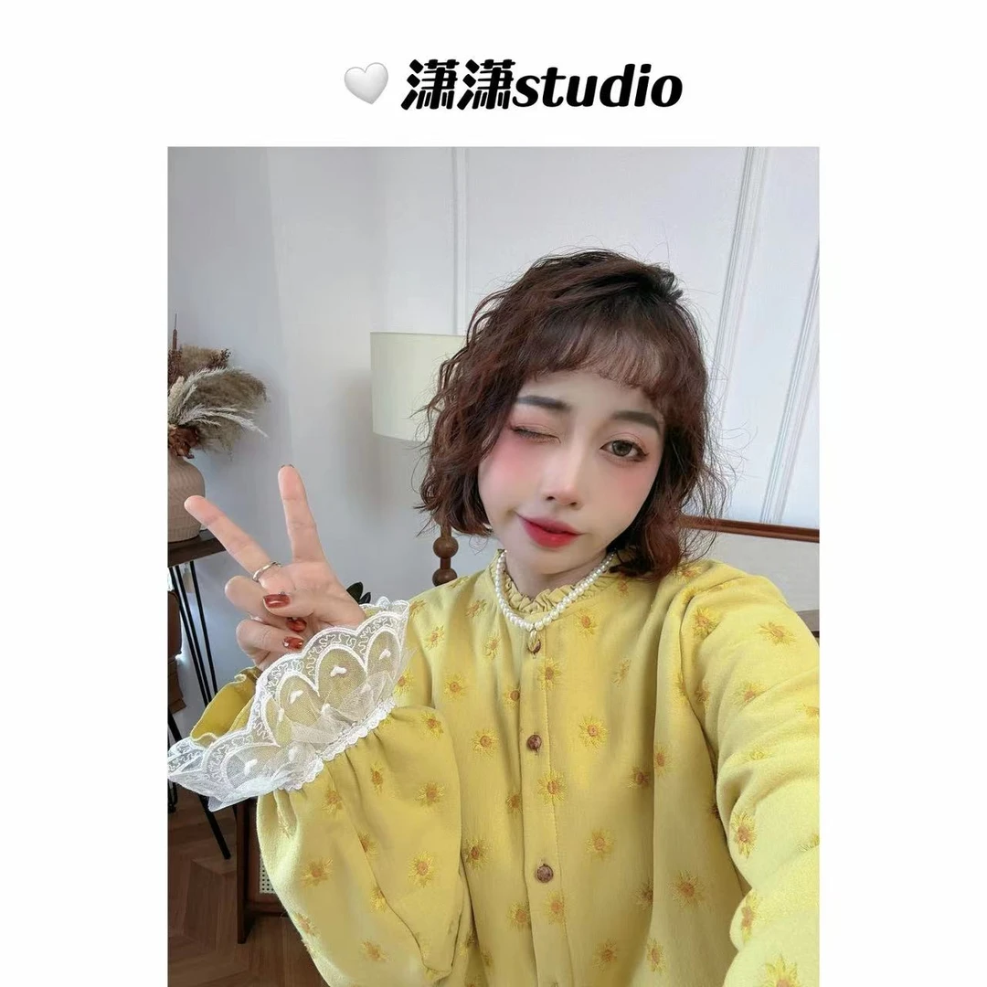 【太阳花加绒衬衣】潇潇自制拼接纱纱袖圆领加绒加厚韩版衬衣XM0968