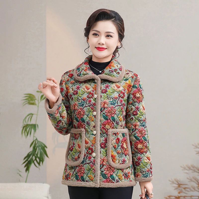 2024冬季翻领妈妈加绒碎花棉衣时尚百搭新款中老年女士厚外套上衣