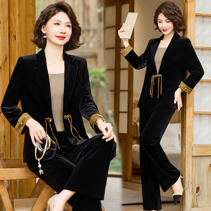 妈妈秋装金丝绒套装洋气高贵上衣2024新款中老年女春秋时尚两件套