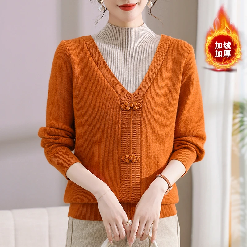 洋气妈妈装冬季一体绒保暖打底衫中老年女装宽松大码加绒加厚毛衣