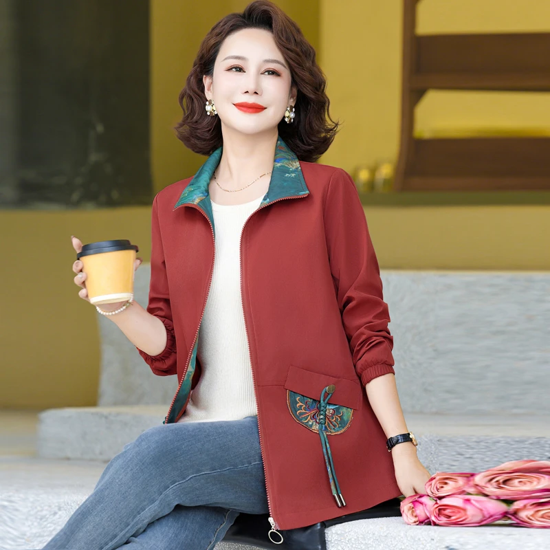 妈妈秋装夹克新款中老年春秋外套休闲上衣时尚中年女装上衣长袖