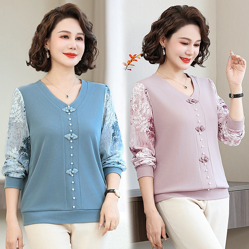 妈妈秋装上衣洋气小衫中年春秋小衫女士中老年女装时尚长袖T恤