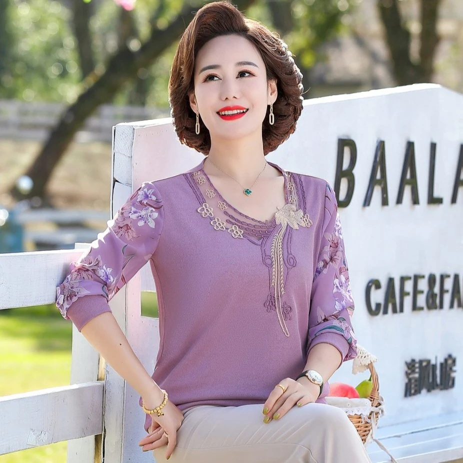 妈妈春装纱袖打底衫上衣女中老年人春秋内搭针织长袖T恤小衫薄款