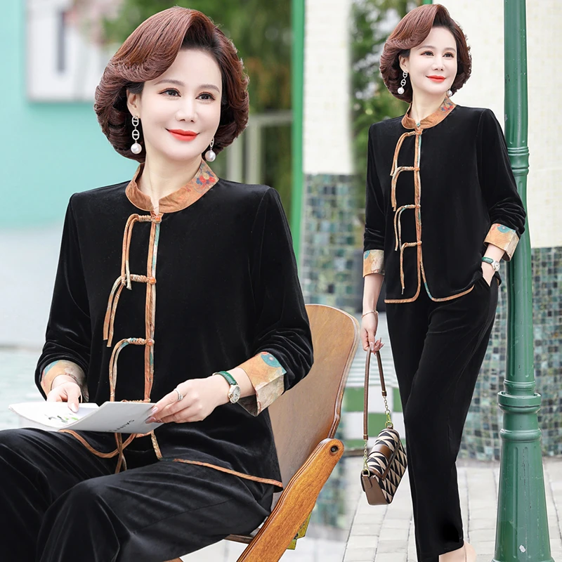 妈妈秋装洋气金丝绒国风套装老年人新中式上衣中老年女春秋两件套