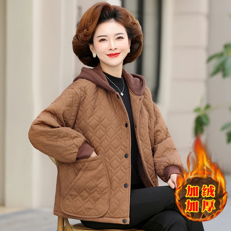 妈妈秋冬装外套加绒短款棉衣中老年女加厚棉袄40岁50洋气上衣