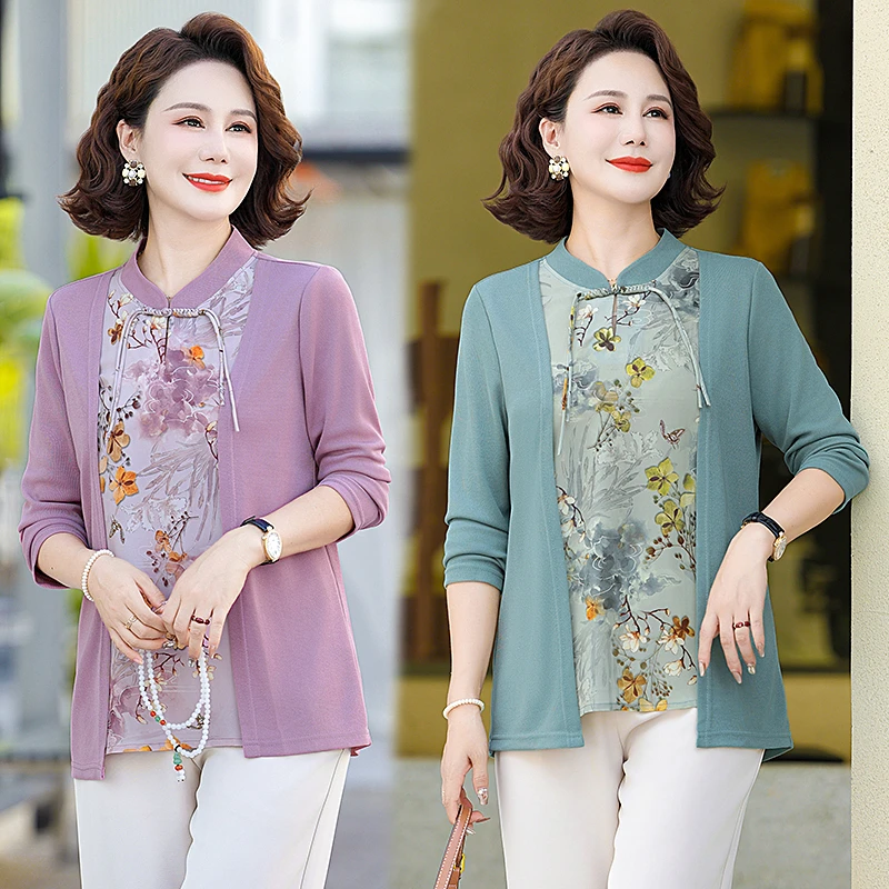 妈妈秋装新款上衣洋气时尚假两件长袖小衫中老年女春秋针织衫