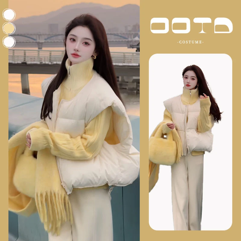 秋冬时尚套装女2024新款韩版针织开衫面包服马甲外套休闲裤三件套