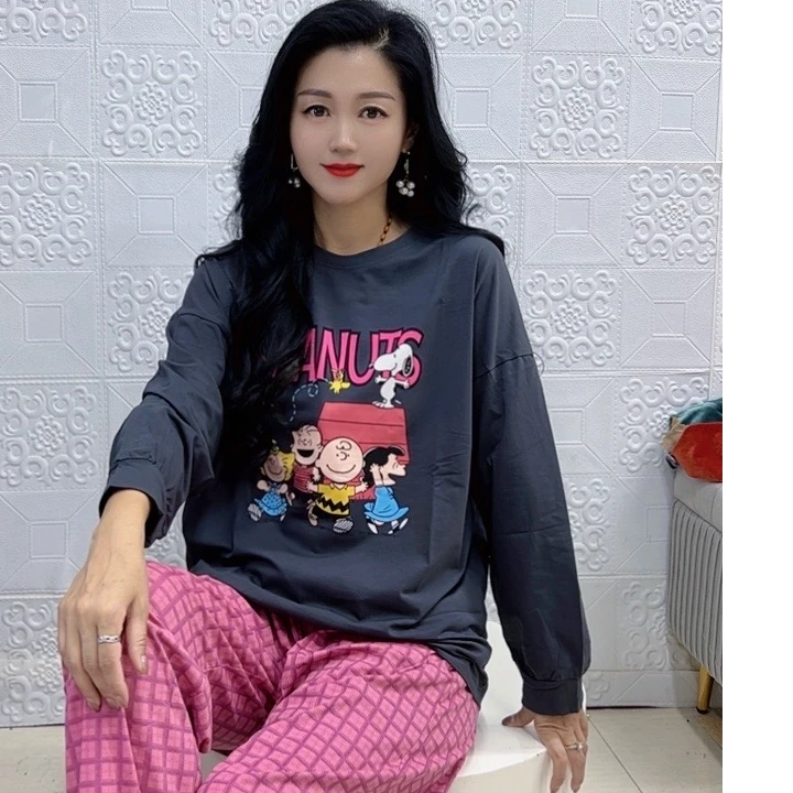 花女人    E73   洋气时尚春秋长袖宽松印花圆领休闲女士家居套装