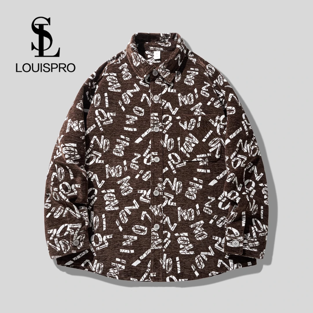 Louispro复古字母满印提花潮牌衬衫男士春秋厚款宽松长袖衬衣男
