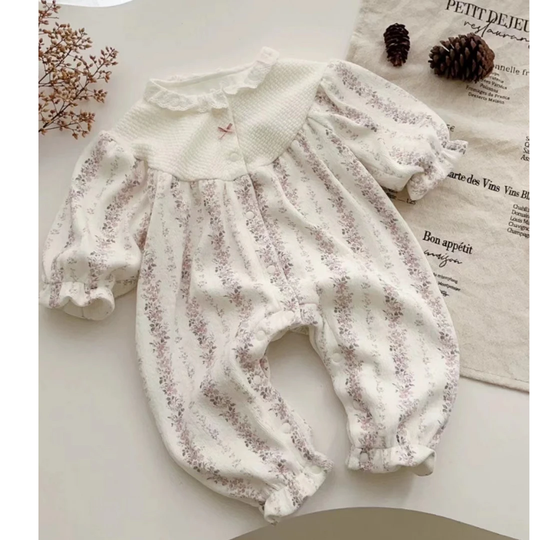 新款秋款碎花蝴蝶结双层长袖长裤女宝宝可爱洋气外出服