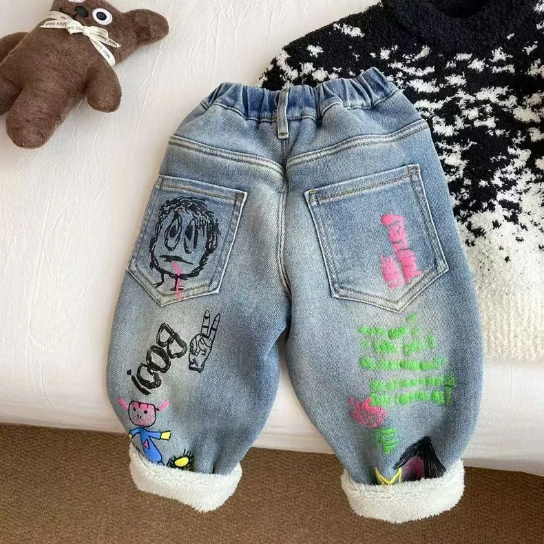 2024冬季新款男女童加绒时尚儿童保暖加厚韩版宽松休闲裤子A08