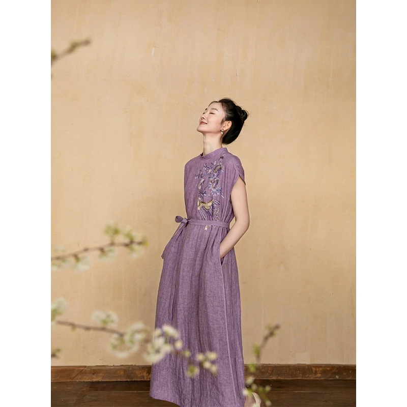 牧衣游汉麻手绣宽松连衣裙女紫色原创炒色重工垂感禅意长裙北望