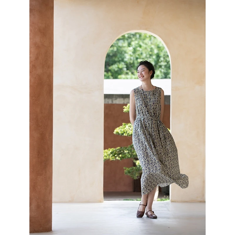 牧衣游原创 「欧若风」蓝雪印花棉无袖裙女气质宽松无袖背心裙 锦觅