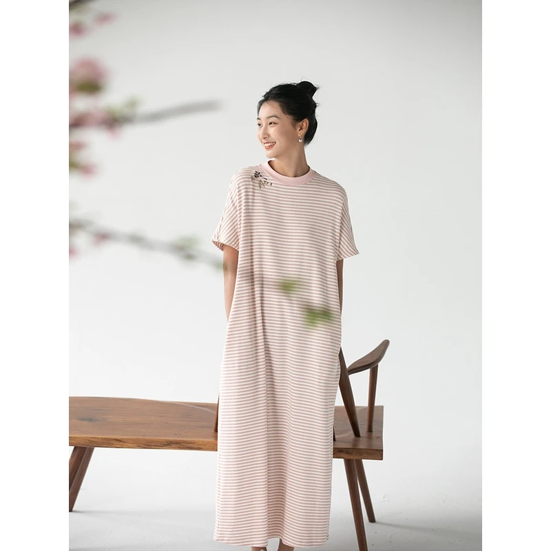 牧衣游原创「欧若风」手工刺绣棉质裙女经典条纹T恤裙休闲宽松 夏梦