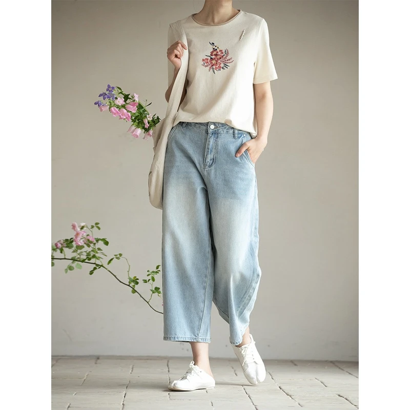 牧衣游原创 牛仔休闲长裤女夏季新款显瘦复古宽松百搭牛仔裤 冷决