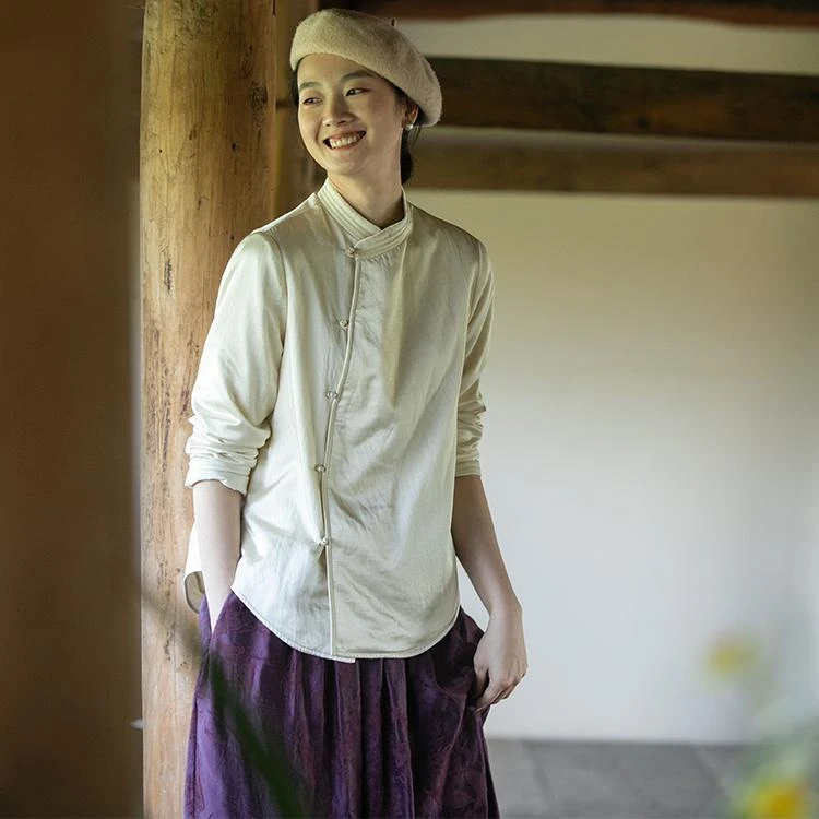 牧衣游原创 丝棉净色衬衫高级感百搭简约复古文艺新中式上衣 晚风