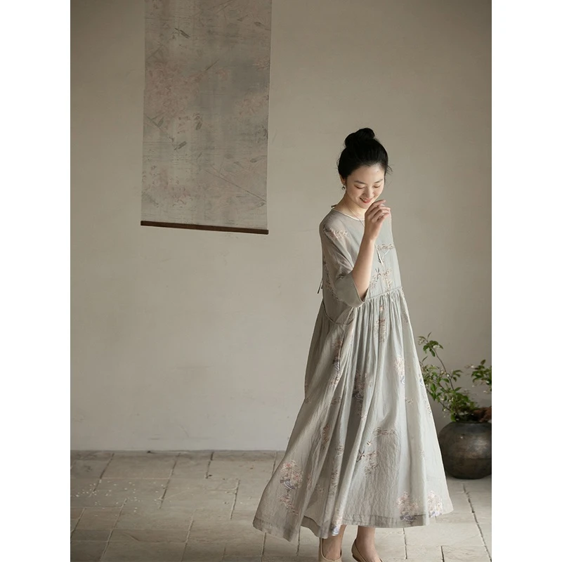 牧衣游原创 丝棉手绘印花连衣裙轻薄质朴宽松新中式长裙新款 旦湫