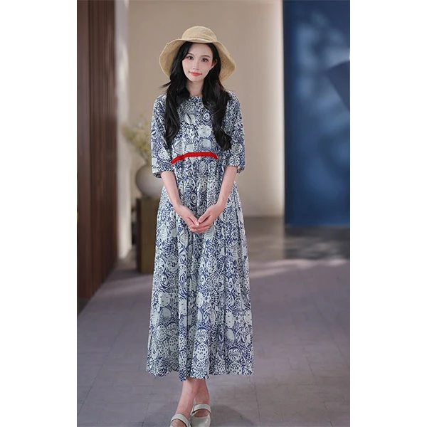 牧衣原创设计女装纯棉印花中国风连衣裙大码小清新渡假长裙 童谣