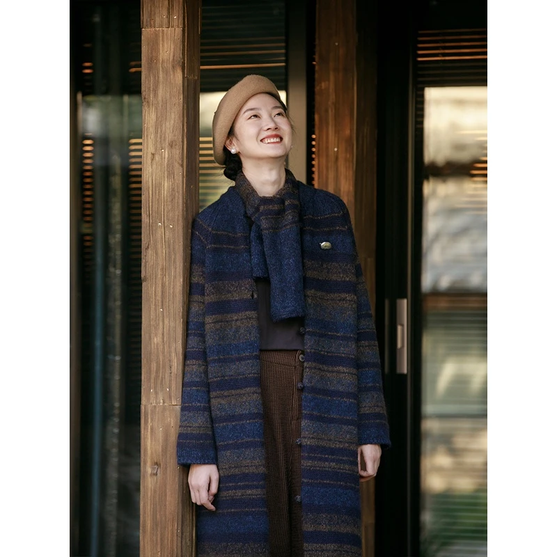 牧衣游原创 进口澳毛条纹毛织长外套新款软糯细腻保暖外披 柔祗