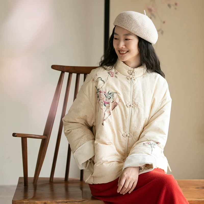 牧衣游 手绣丝棉提花短羽绒服白鹅绒中国风保暖中式外套 杏花如雪