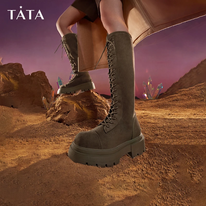 Tata他她厚底弹力骑士靴女靴棕色复古美拉德长筒靴冬新款WD803DG3