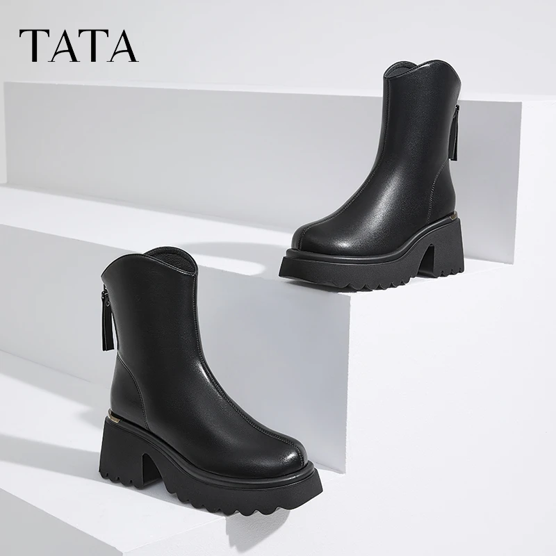 Tata他她休闲厚底短靴女靴子气质加绒通勤弹力靴冬新CCN01DZ4