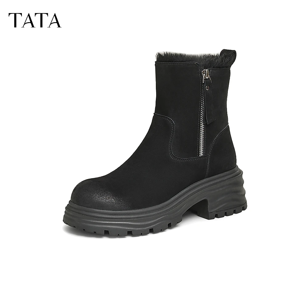 TATA他她百搭厚底短靴女靴子加绒百搭通勤时装靴2024秋冬CZA01DD4