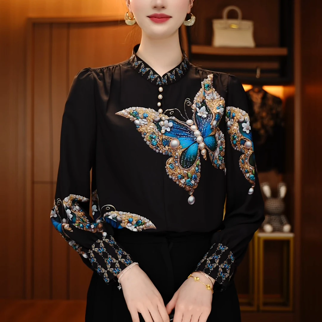 初凰 新款琉璃双皱丝洋气时尚百搭显瘦休闲气质印花女士长袖上衣