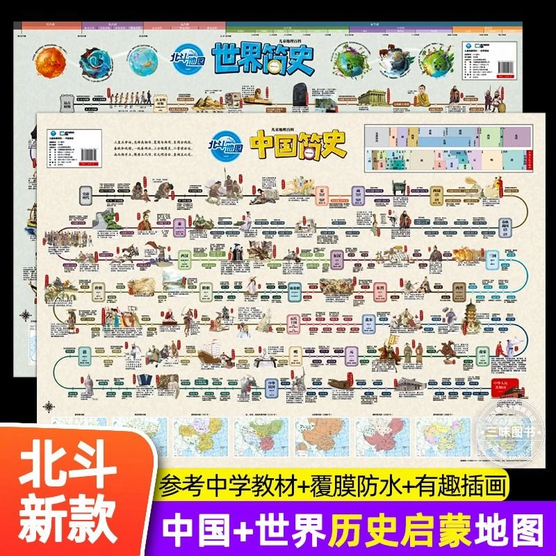 高清覆膜防水2张大地图儿童地理百科中国世界简史房间挂图必备