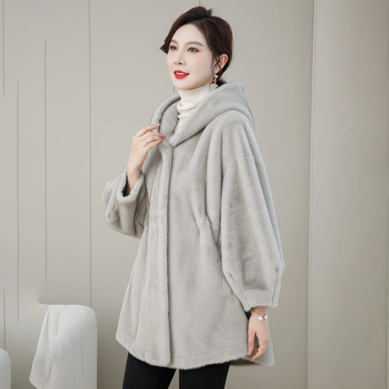 恩狐时尚休闲连帽皮毛一体冬季中长款加绒中老年保暖加厚秋冬开衫