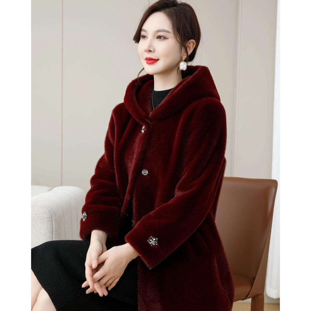 恩狐保暖加厚洋气上衣中长款女外套冬季新款连帽皮毛一体妈妈装