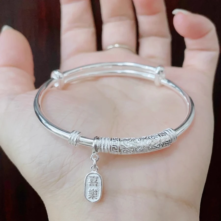 足银手镯 【D61】足银999.9平安喜乐吊坠雕花中国风实心推拉款镯子