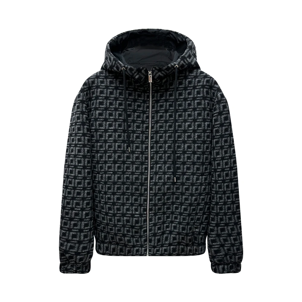 DITE迪特男款秋季时尚格纹印花休闲百搭连帽磨毛长袖防风夹克外套