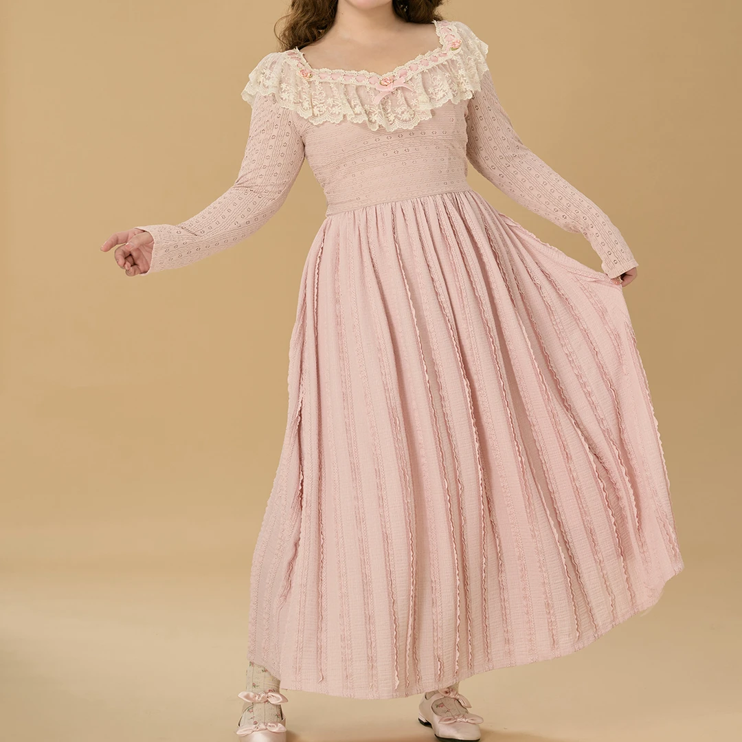 LaceMade大码女装 杜乐丽之森 法式复古粉色长袖连衣裙打底显瘦秋