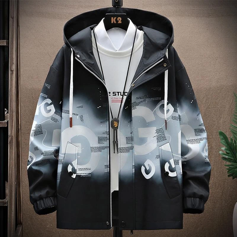 渐变色夹克男秋冬季新款潮牌宽松连帽冲锋衣男青少年加绒加厚外套