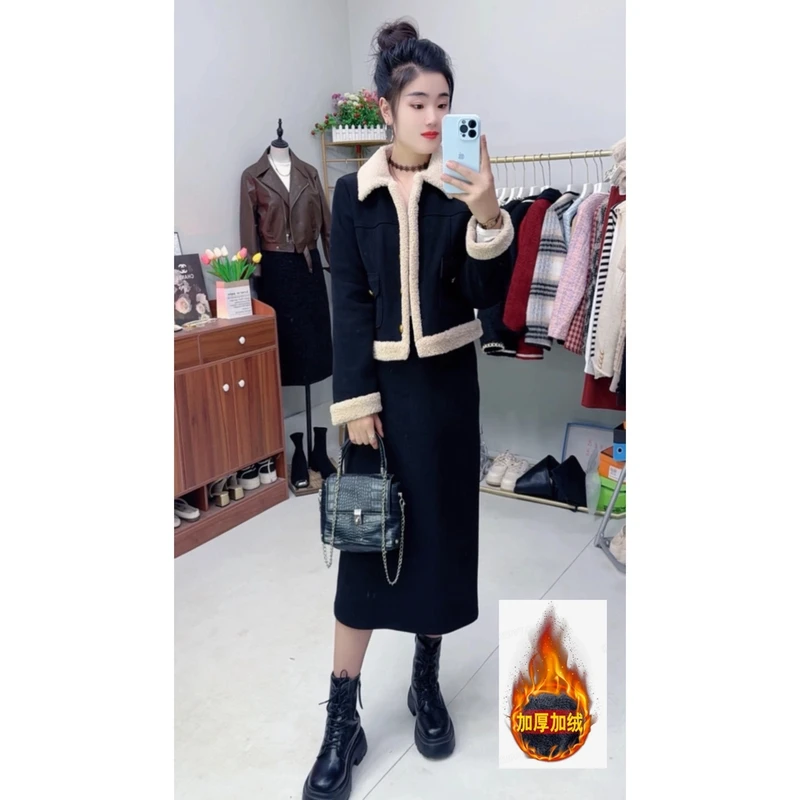 XY【加绒加厚】【特厚款】小香风2024冬季新款外套半身裙两件套B2422
