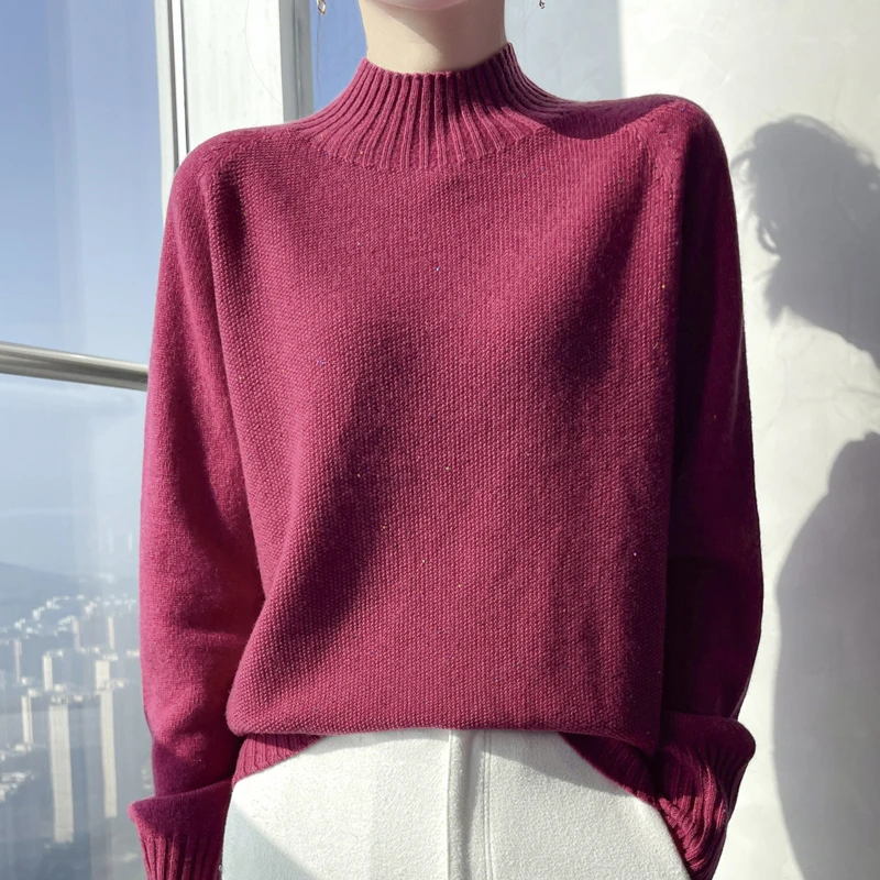 MYC半高领提花亮丝针织毛衣宽松羊毛打底上衣