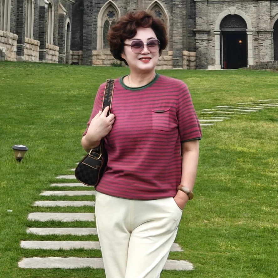 棉线圆领条纹撞色短袖针织衫夏季女士百搭时尚宽松大码休闲上衣